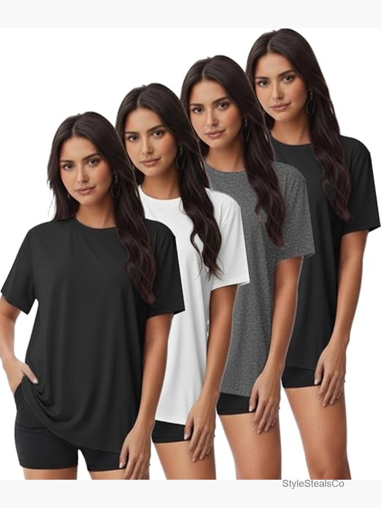 4-Pack Women's Stretch Gym Tees, Loose Fit Crew Neck Workout Tops